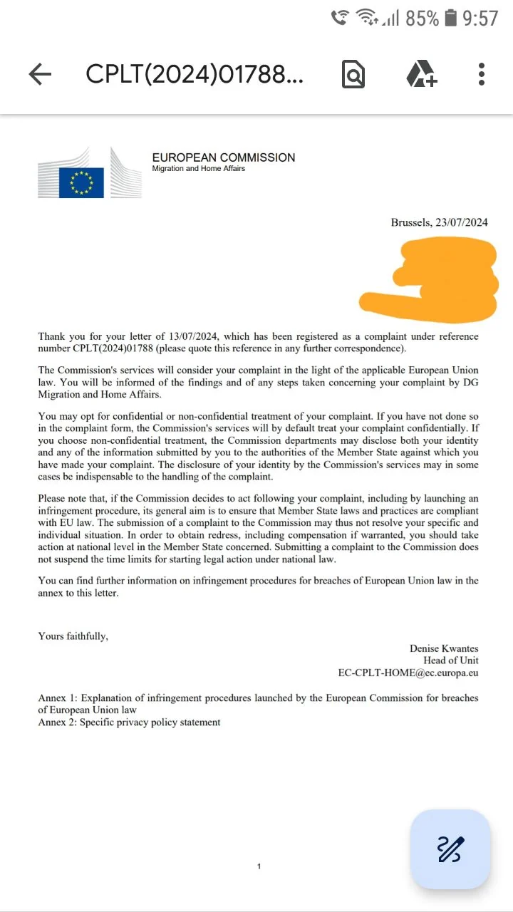 Kantelu Euroopan komissiolle rajasulusta