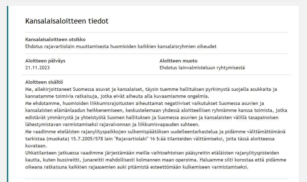 Ehdotus rajavartiolain muuttamisesta — Kansalaisaloite.fi · aloite 12954