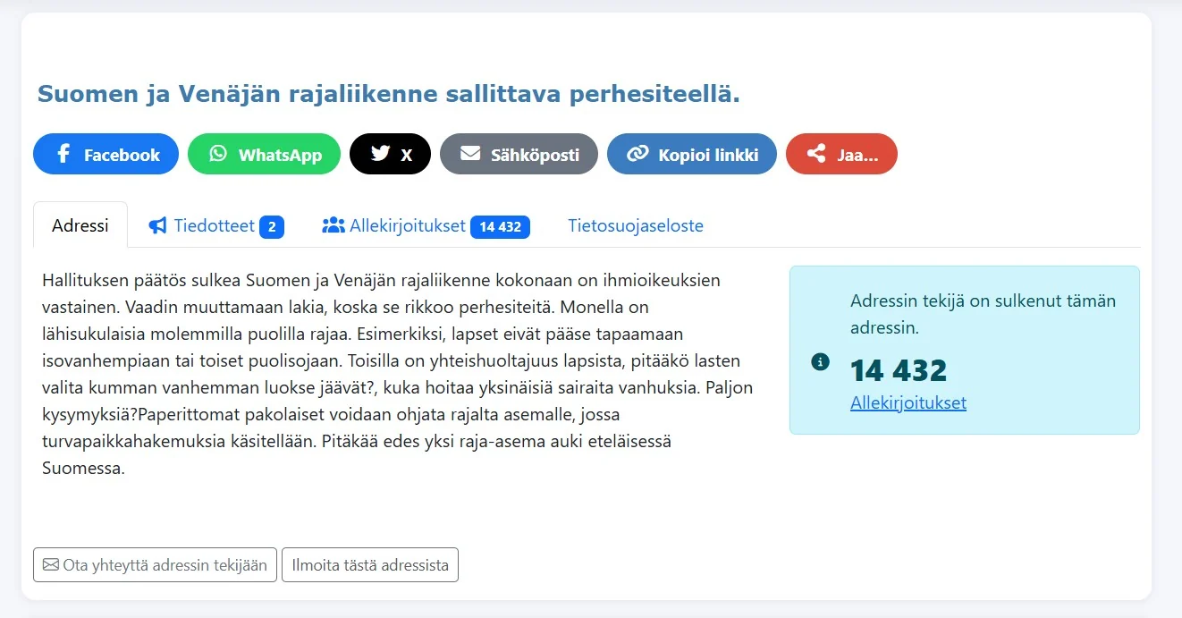 Vetoomus perhesyihin perustuvista rajanylityksistä — Verkossa · Adressit